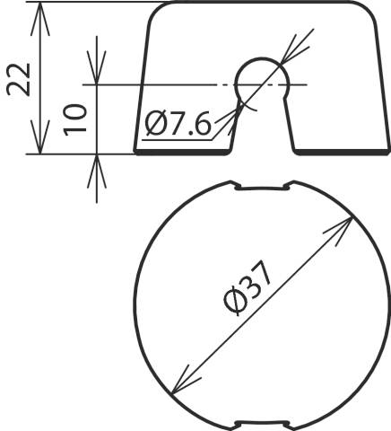 Rysunek techniczny z dwoma widokami elementu: Na górze widok z boku z wymiarami, na dole widok z góry z kołem o średnicy Ø37.