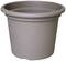 Duży, okrągły, szary plastikowy doniczka z wzmocnioną krawędzią i delikatnie wyrzeźbionymi detalami.