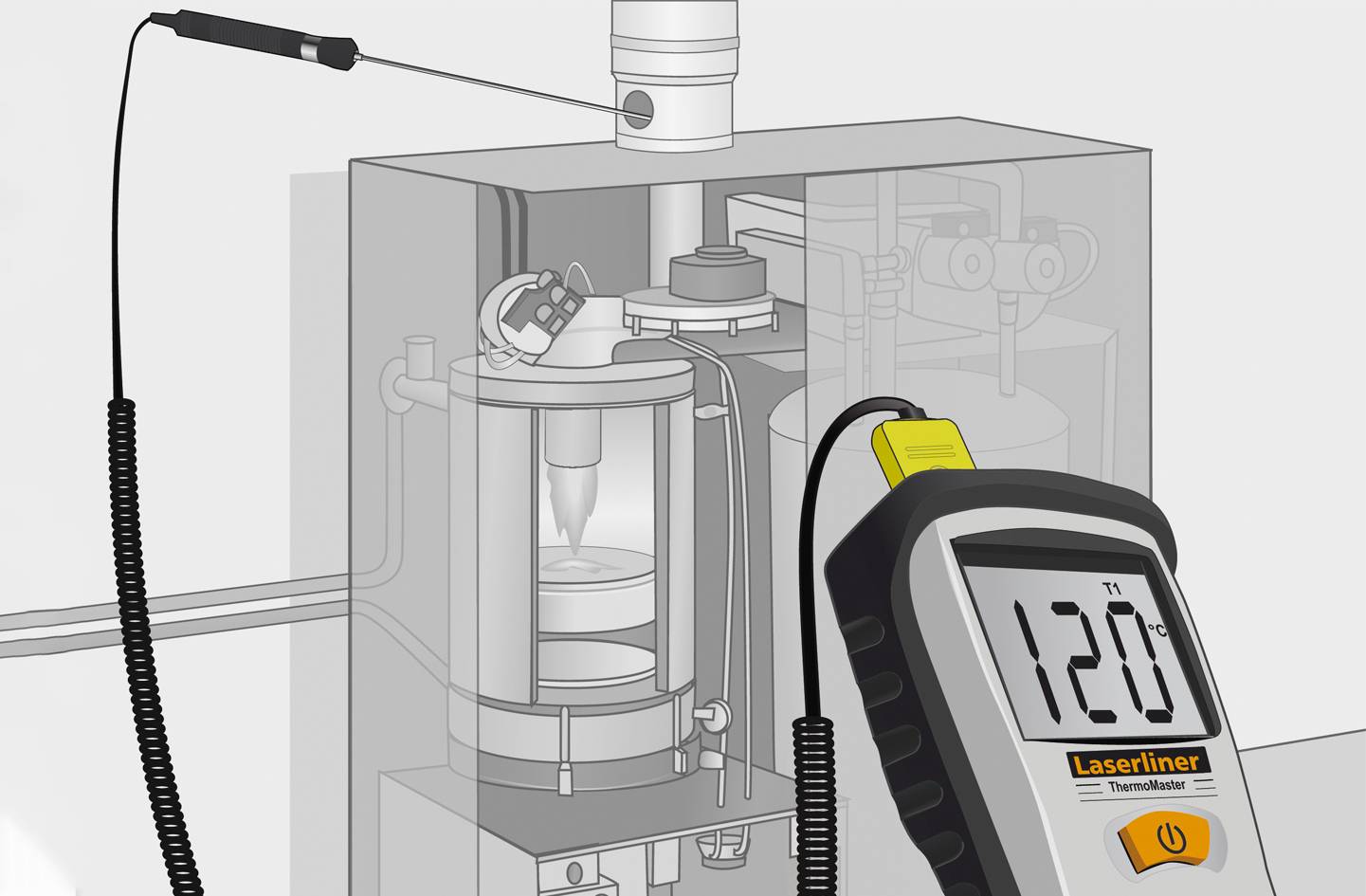 Cyfrowy termometr wskazuje '120°' i mierzy temperaturę w instalacji technicznej, o czym świadczą widoczne rurociągi.