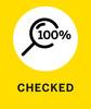 Czarna lupa z napisem '100%' w środku na żółtym tle, pod nią napis 'SPRAWDZONE'. Sygnalizuje całkowitą kontrolę.