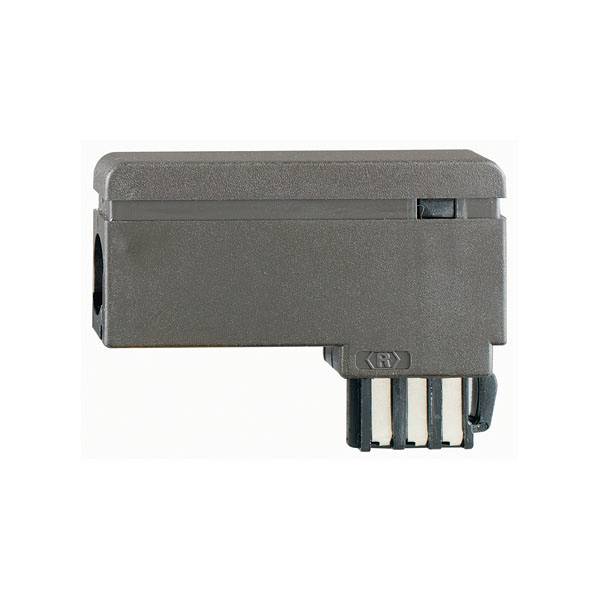 Prostokątna, szara wtyczka elektryczna z czterema czarnymi stykami. Odpowiednia do instalacji elektrycznych.