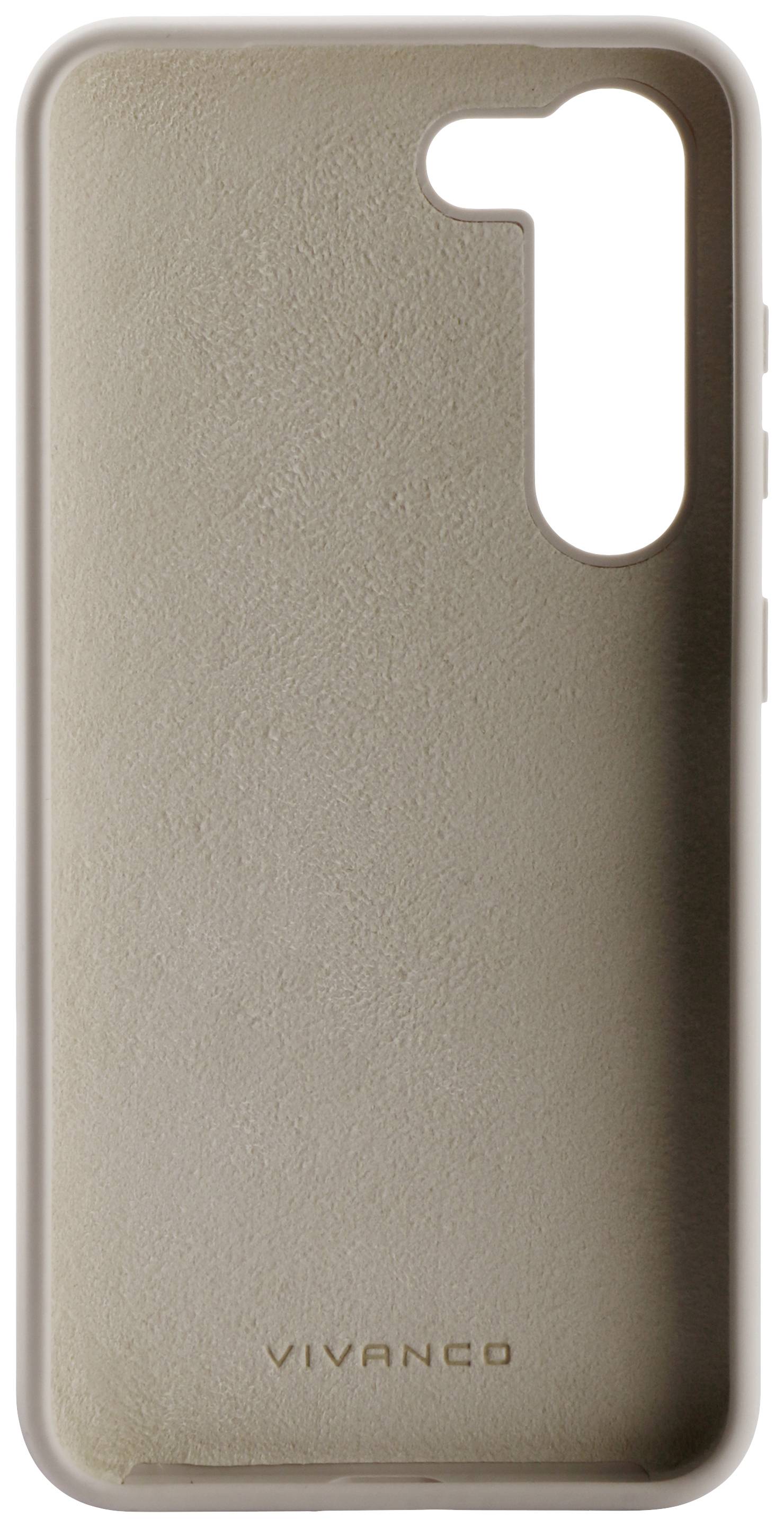 Beżowe, prostokątne etui na smartfona wykonane ze skóry ekologicznej, z wycięciem na aparat w prawym górnym rogu. Marka 'VIVANCO' jest grawerowana u dołu.