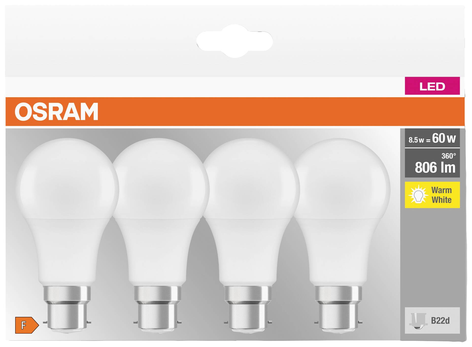 Cztery żarówki LED marki OSRAM w jednym opakowaniu, 8,5W odpowiednik 60W, 806 lumenów, ciepłe białe światło, trzonek B22d.