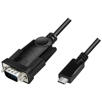 Czarny kabel z adapterem VGA po jednej stronie i złączem USB-C po drugiej stronie, ułożony płasko obok siebie.