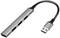Srebrny hub USB z trzema portami USB po bokach i krótkim kablem zakończonym wtyczką USB.