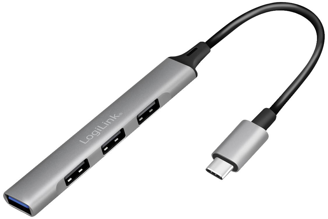 Srebrny hub USB-C z czterema portami USB, oznaczony logo 'LogiLink', służący do podłączenia wielu urządzeń do jednego złącza USB-C.