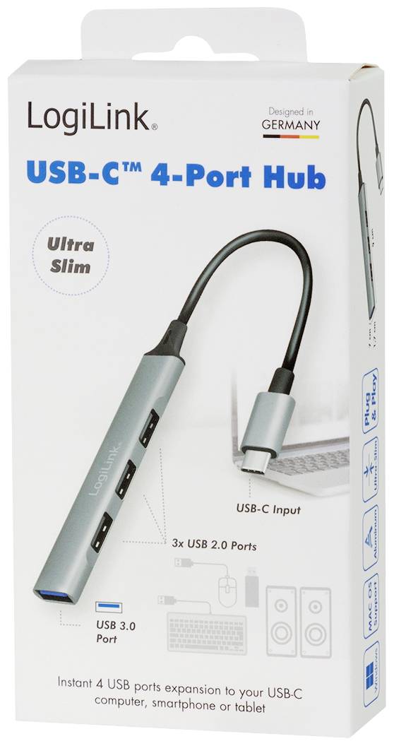 LogiLink Hub USB-C z 4 portami, wyjątkowo smukły, oferuje trzy porty USB 2.0 oraz jeden port USB 3.0 dla rozszerzonych możliwości podłączenia.