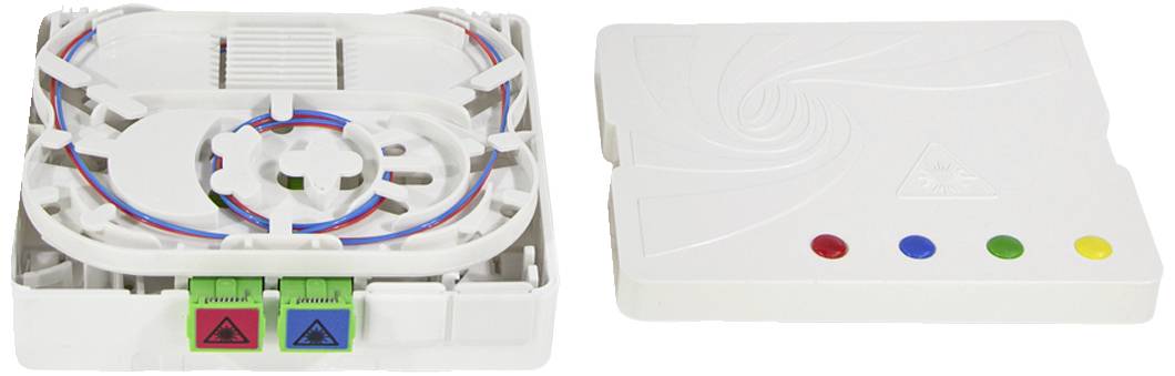 Dwa białe obudowy z tworzywa sztucznego z kolorowymi wskaźnikami; jedna otwarta z widocznym okablowaniem, druga zamknięta z oznaczeniami kolorystycznymi.