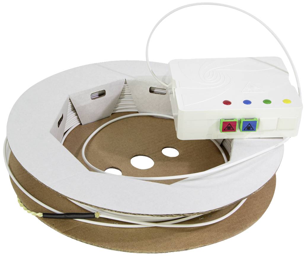 Rolka z białym przewodem i elektroniczną skrzynką sterującą z czterema przyciskami w różnych kolorach.