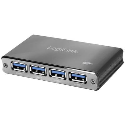 Srebrny hub USB 3.0 firmy LogiLink z czterema niebieskimi portami USB.