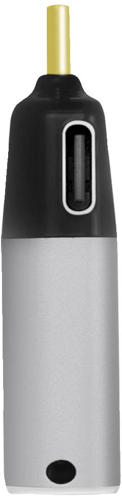 Srebrno-czarny, cylindryczny pióro z wąskim żółtym uchwytem na górze, służący jako elektroniczny rysik.