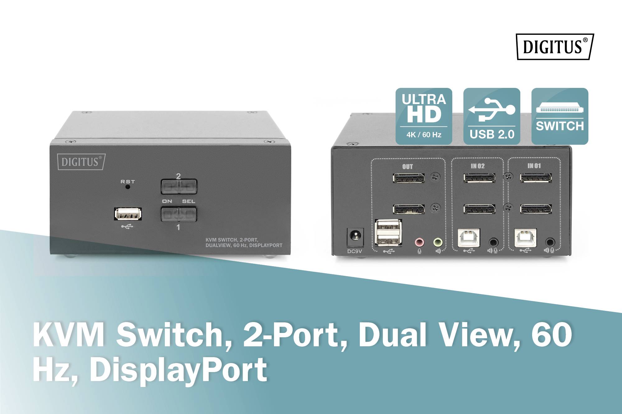 KVM-перемикач, Display-Port Digitus DS-12862, 3840 x 2160 пікселів, кількість перемиканих ПК: 2