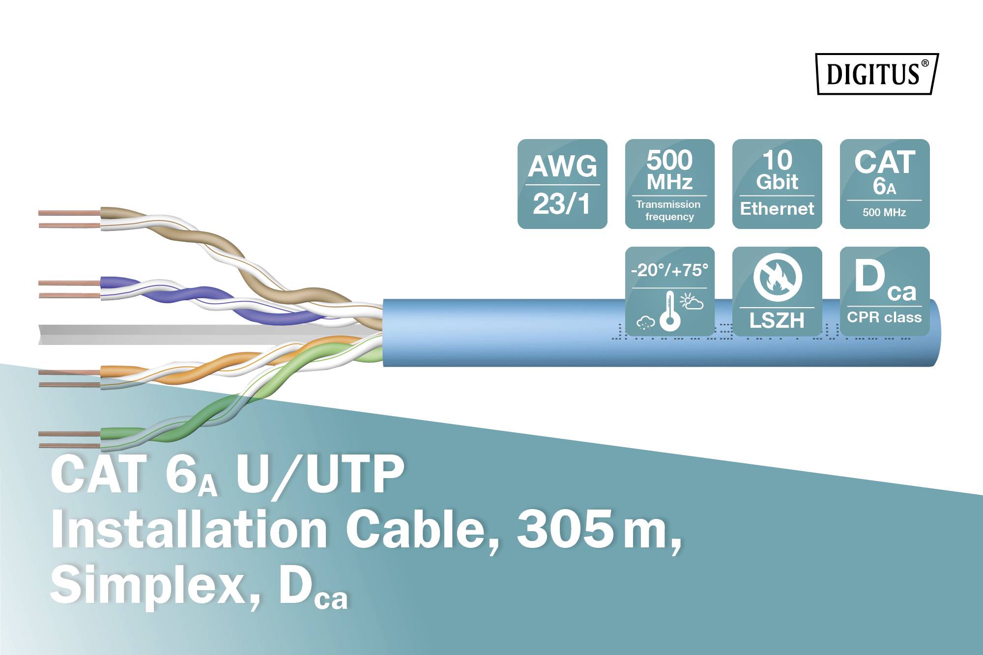 Niebieski kabel CAT 6a z czterema skręconymi parami przewodów. Dane techniczne: AWG 23/1, 500 MHz, 10 Gbit Ethernet, długość 305 m.