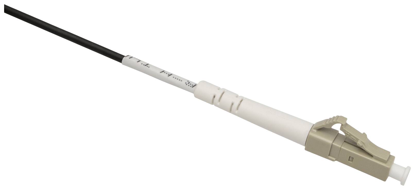 Światłowód z wtykiem LC, używany do szybkiej transmisji danych w sieciach. Kabel jest czarno-biały.