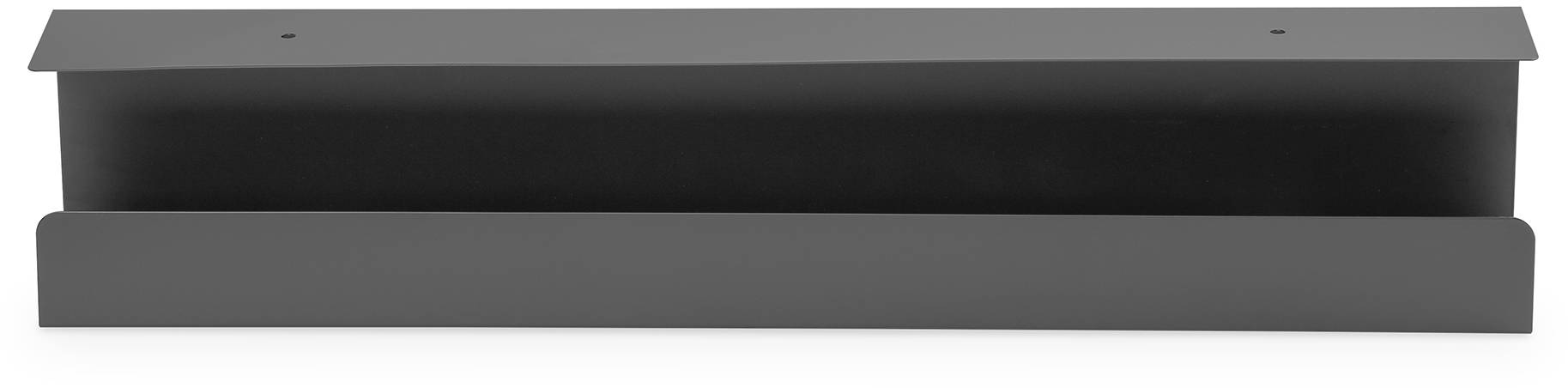 Czarna prostokątna podstawa lub pudełko o płaskich ścianach i górnym otworze, prawdopodobnie przydatne do przechowywania.