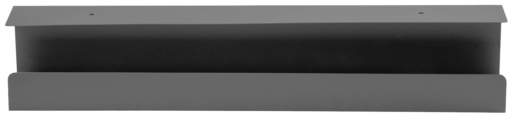 Prostokątne, czarne metalowe pudełko z otwartą przednią ścianką, przeznaczone do przechowywania lub gromadzenia przedmiotów.