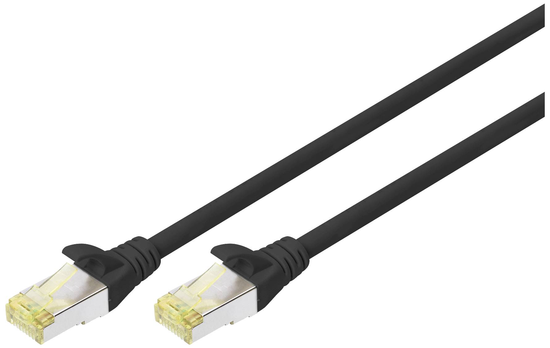 Czarny kabel Ethernet z dwoma wtyczkami RJ45 na końcach, odpowiedni do połączeń sieciowych i internetowych.