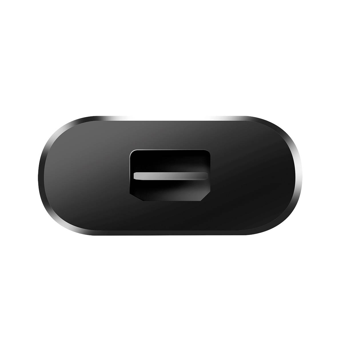 'Czarny owalny otwór na kartę na metalowej powierzchni, widok z góry.'