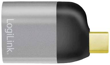 Adapter LogiLink USB-C z szarą obudową i złotym złączem, przeznaczony do łączenia urządzeń z różnymi interfejsami.