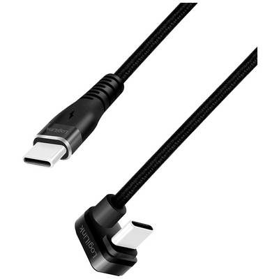 Czarny kabel USB-C z wtyczką kątową, przeznaczony do szybkiego ładowania i przesyłu danych.