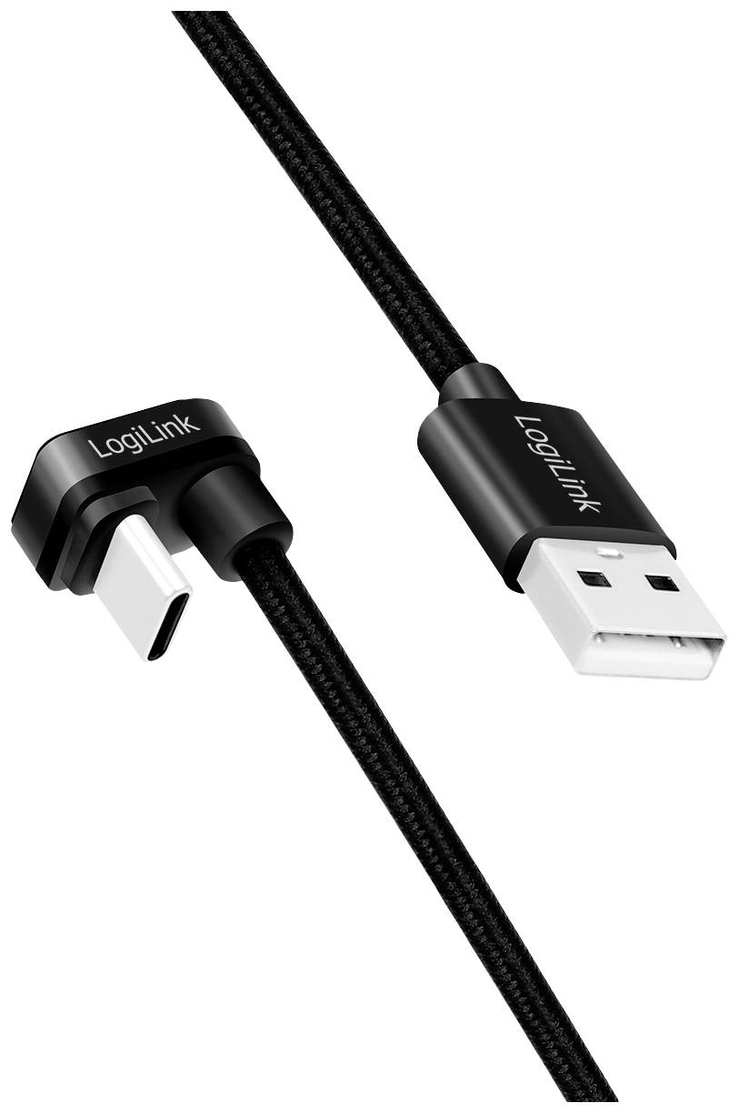 Kabel USB-A do USB-C firmy LogiLink, czarne, z wtyczką 90 stopni dla łatwiejszego podłączenia w ciasnych przestrzeniach.