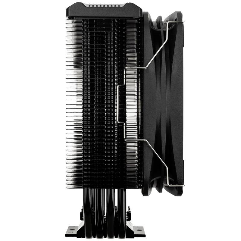 Czarny radiator procesora z pionowymi żeberkami i wentylatorem umieszczonym z boku, stosowany do chłodzenia procesorów komputerowych.