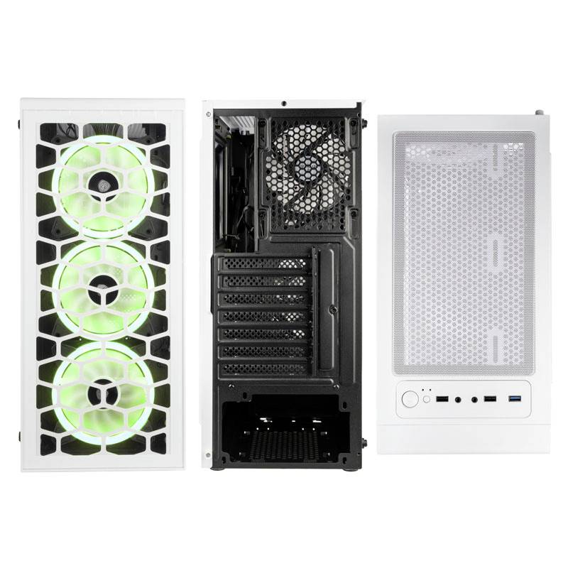 Trzy widoki białej obudowy komputera: przód z trzema świecącymi wentylatorami, tył z otworami przyłączeniowymi oraz góra z elementami sterującymi.