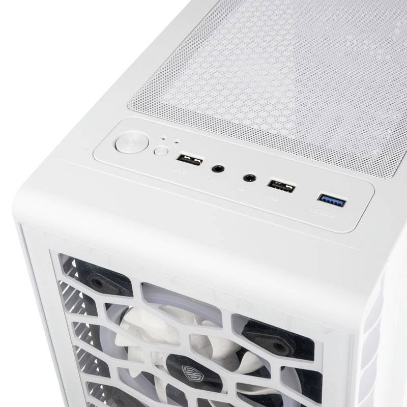 Białe obudowa komputerowa z przezroczystymi osłonami wentylatorów i wieloma portami na górnej powierzchni, w tym złączami USB.