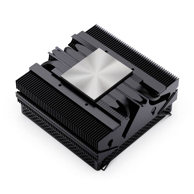 Czarny chłodnik CPU z kwadratowymi żeberkami oraz gładką metalową powierzchnią służący do odprowadzania ciepła z procesorów komputerowych.