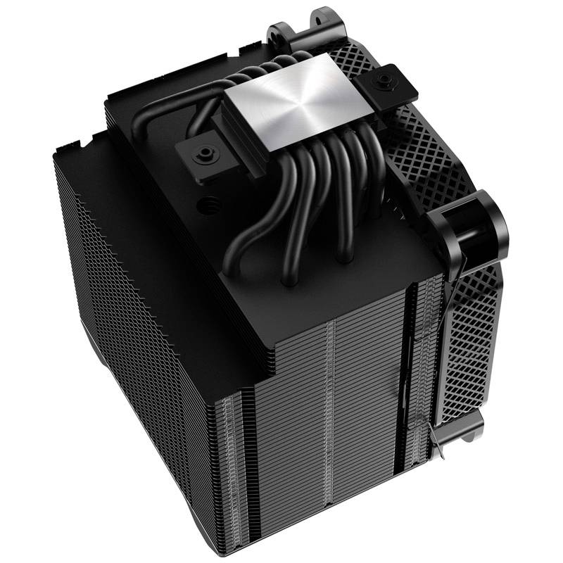 Czarny radiator procesora z wieloma ciepłowodami i dużym radiatorem, stosowany do odprowadzania ciepła w komputerach.