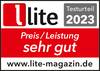 Logo 'Lite Magazin' z 'Wyrokiem testowym 2023', tekst 'Bardzo dobry stosunek ceny do jakości', strona internetowa 'www.lite-magazin.de'.