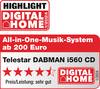 Wyróżnienie 'Highlight Digital Home 1/2024' dla Telestar DABMAN i560 CD. 'Wielofunkcyjny system muzyczny od 200 euro'. Ocena: 'Stosunek ceny do jakości: bardzo dobry', 5 gwiazdek.