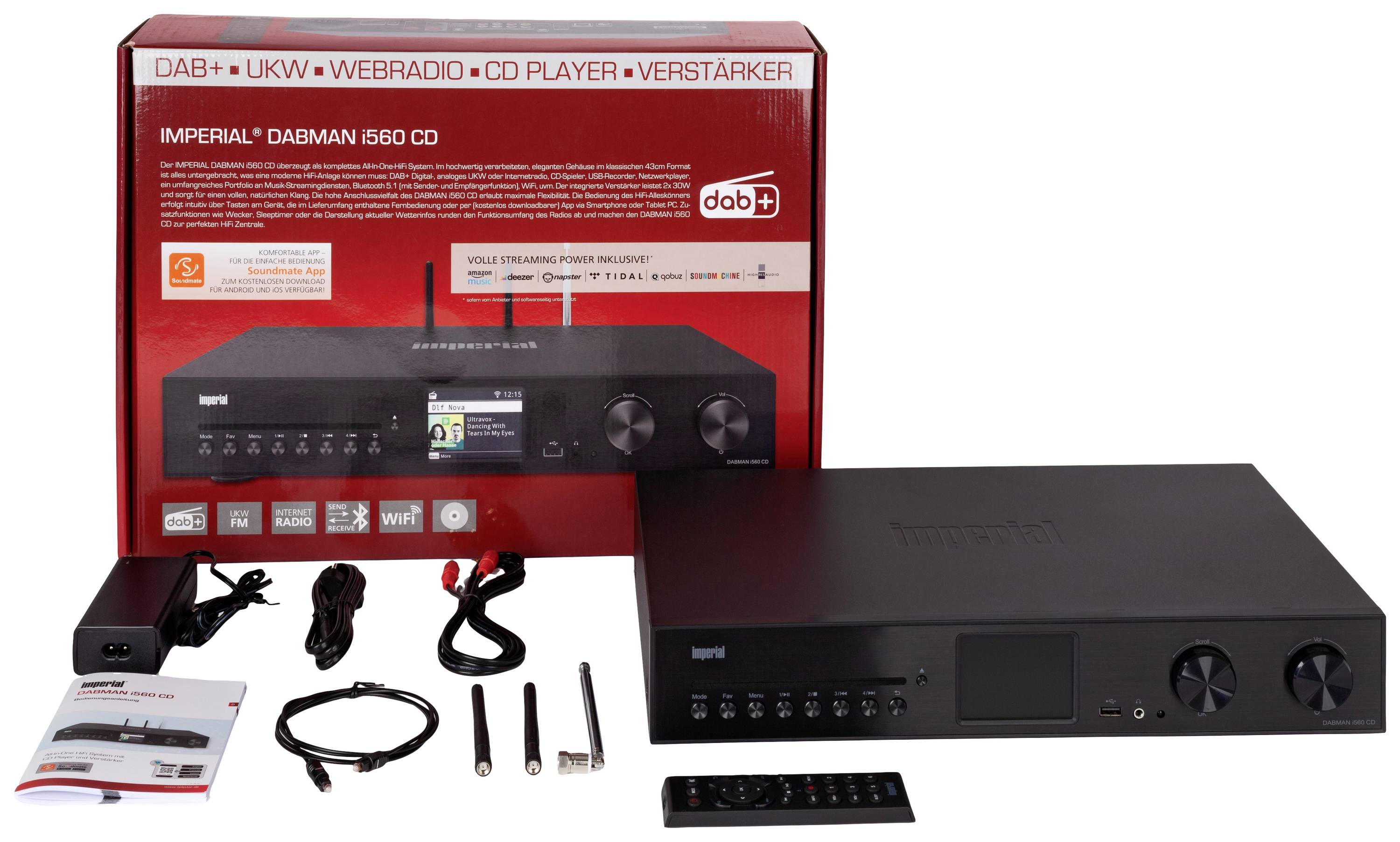 Zestaw stereo Imperial Dabman i560 CD z opakowaniem, pilotem, antenami, zasilaczem i instrukcją obsługi. Urządzenie główne z wyświetlaczem i elementami sterującymi.