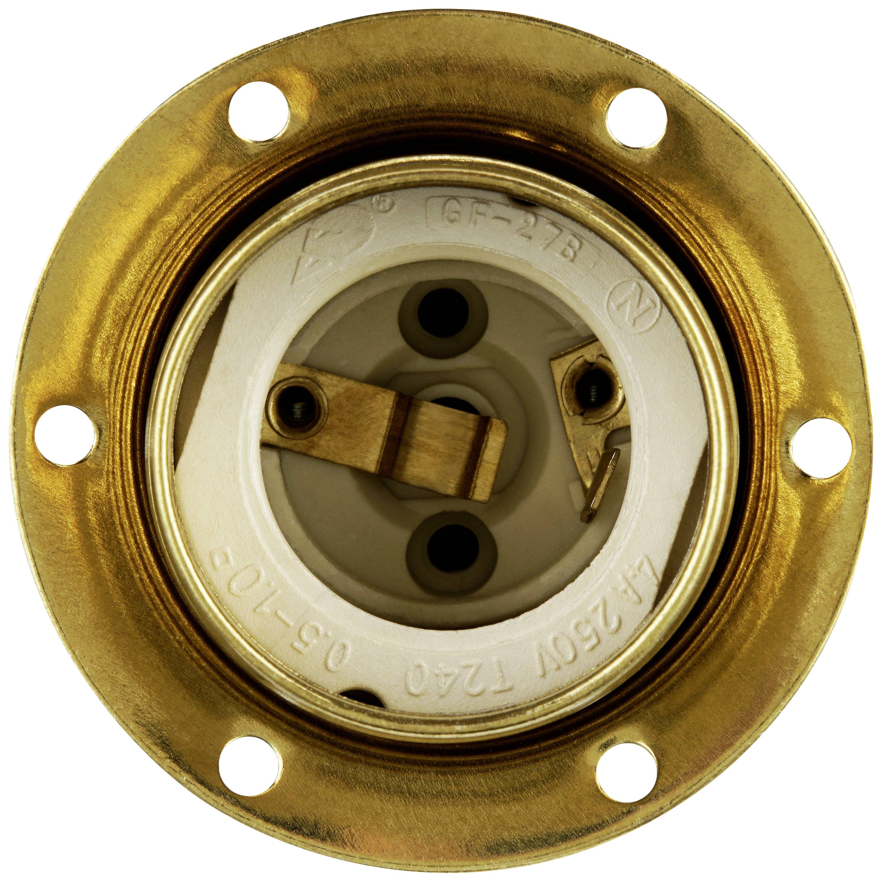 Okrągłe gniazdko elektryczne, w złotej metalowej obudowie, z dwoma gniazdkami i stykiem uziemienia.