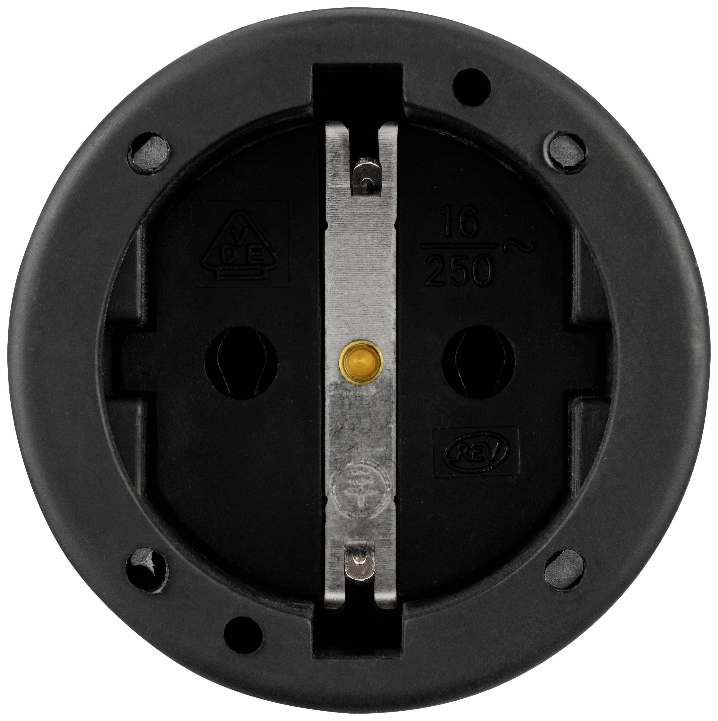 Okrągła, czarna podstawa gniazda elektrycznego z metalowymi stykami i żółtą izolacją. Oznaczenia wskazują 16A, 250V.