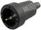Czarny adapter wtykowy Schuko, o cylindrycznym kształcie, z widocznymi metalowymi stykami wewnątrz, do podłączenia elektrycznego, na białym tle.