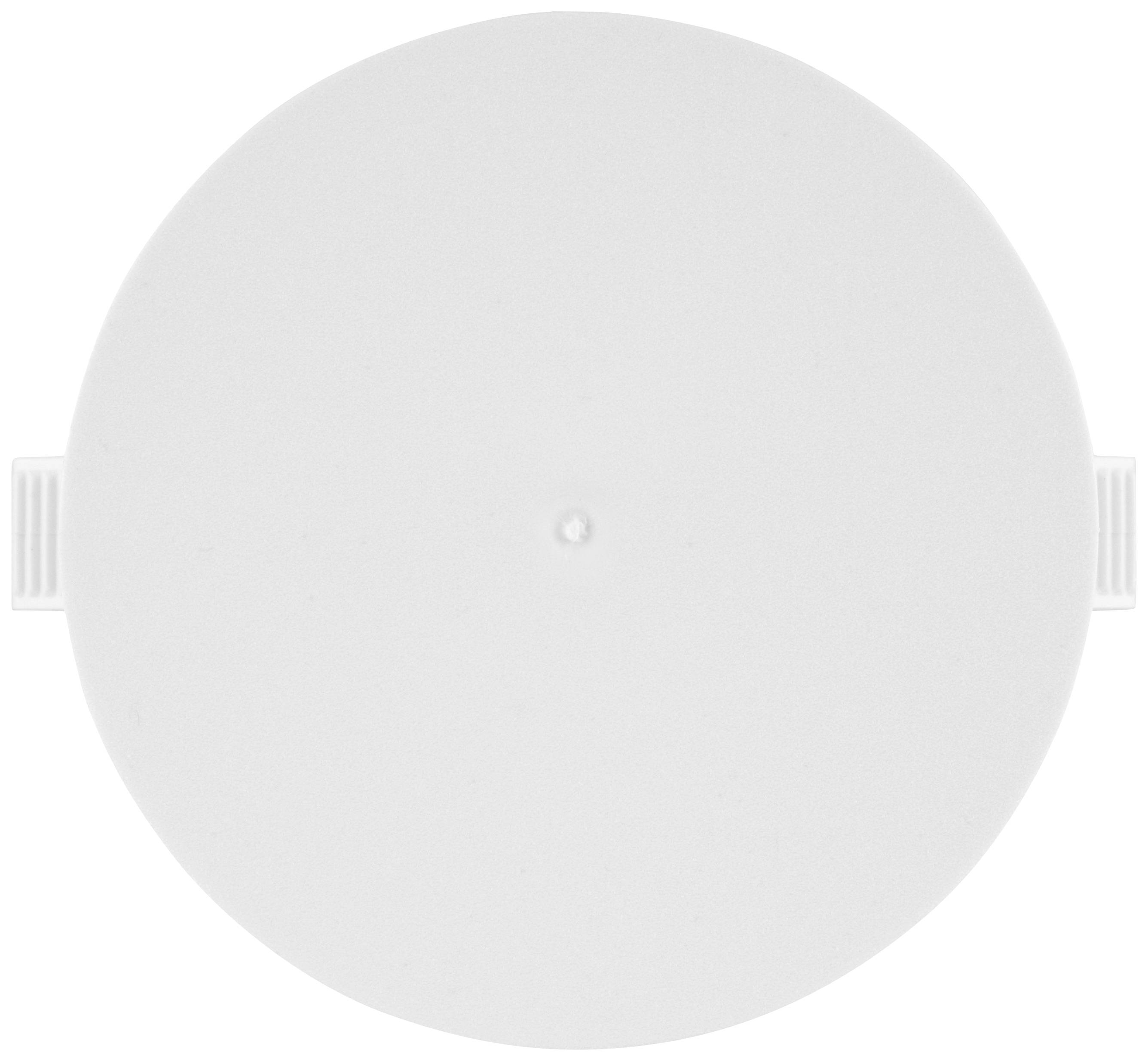 Biały, okrągły przedmiot z małymi, prostokątnymi uchwytami po bokach. Może to być pokrywa z centralnym punktem.