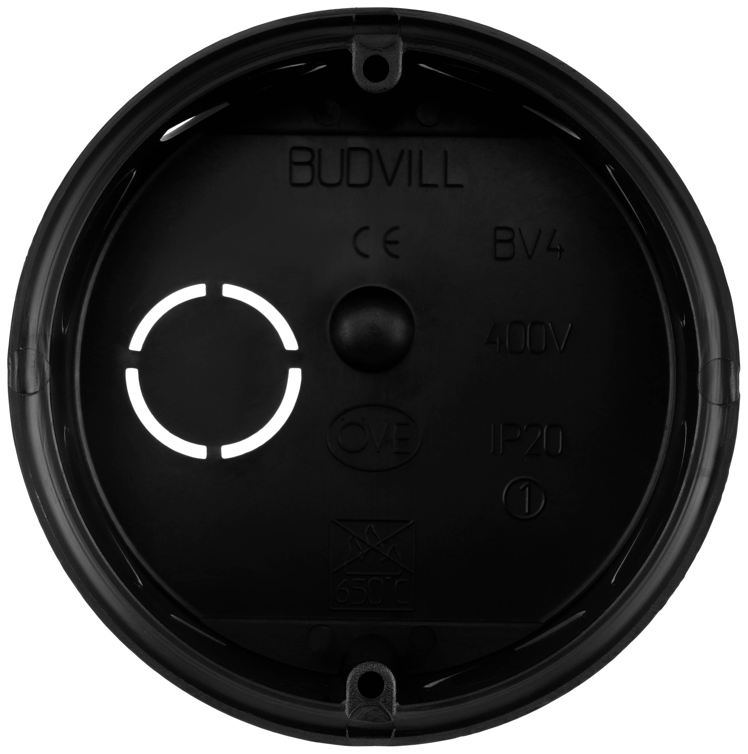 Czarna pokrywa z napisem: BUDVILL, CE, BV4, 400V, IP20. Zaznaczona jest linia okręgu oraz mały okrąg.