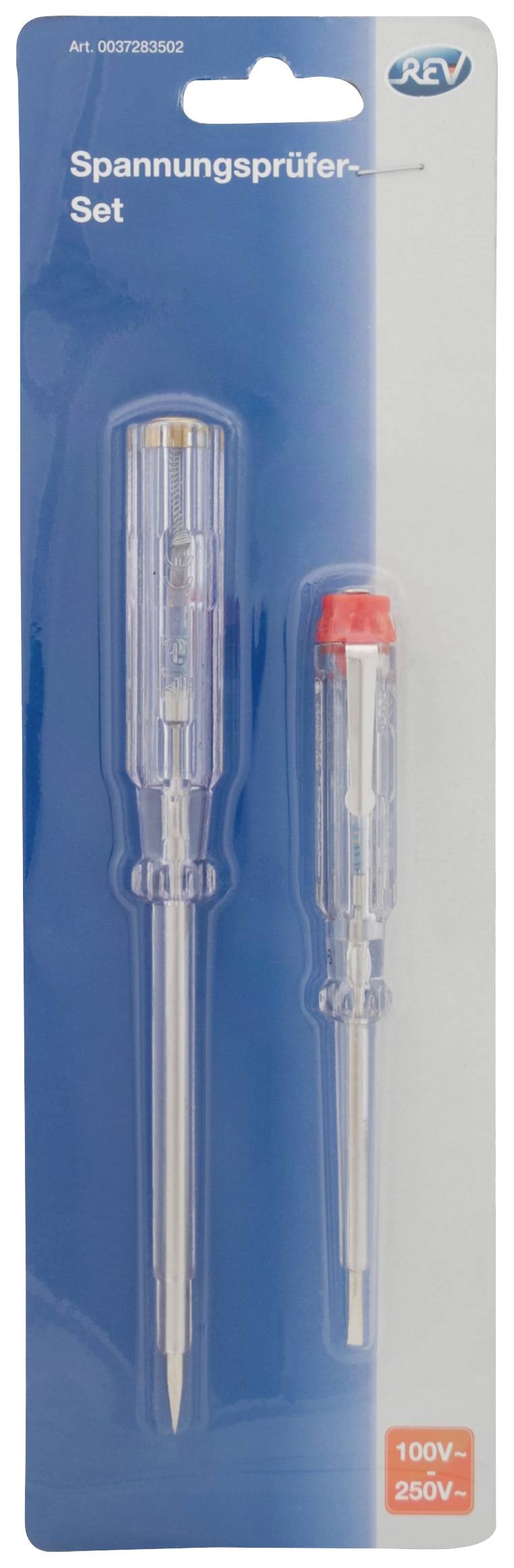 Zestaw do sprawdzania napięcia na niebieskim tle. Zawiera dwa przezroczyste testery z metalowymi końcówkami, jeden z czerwoną nasadką.