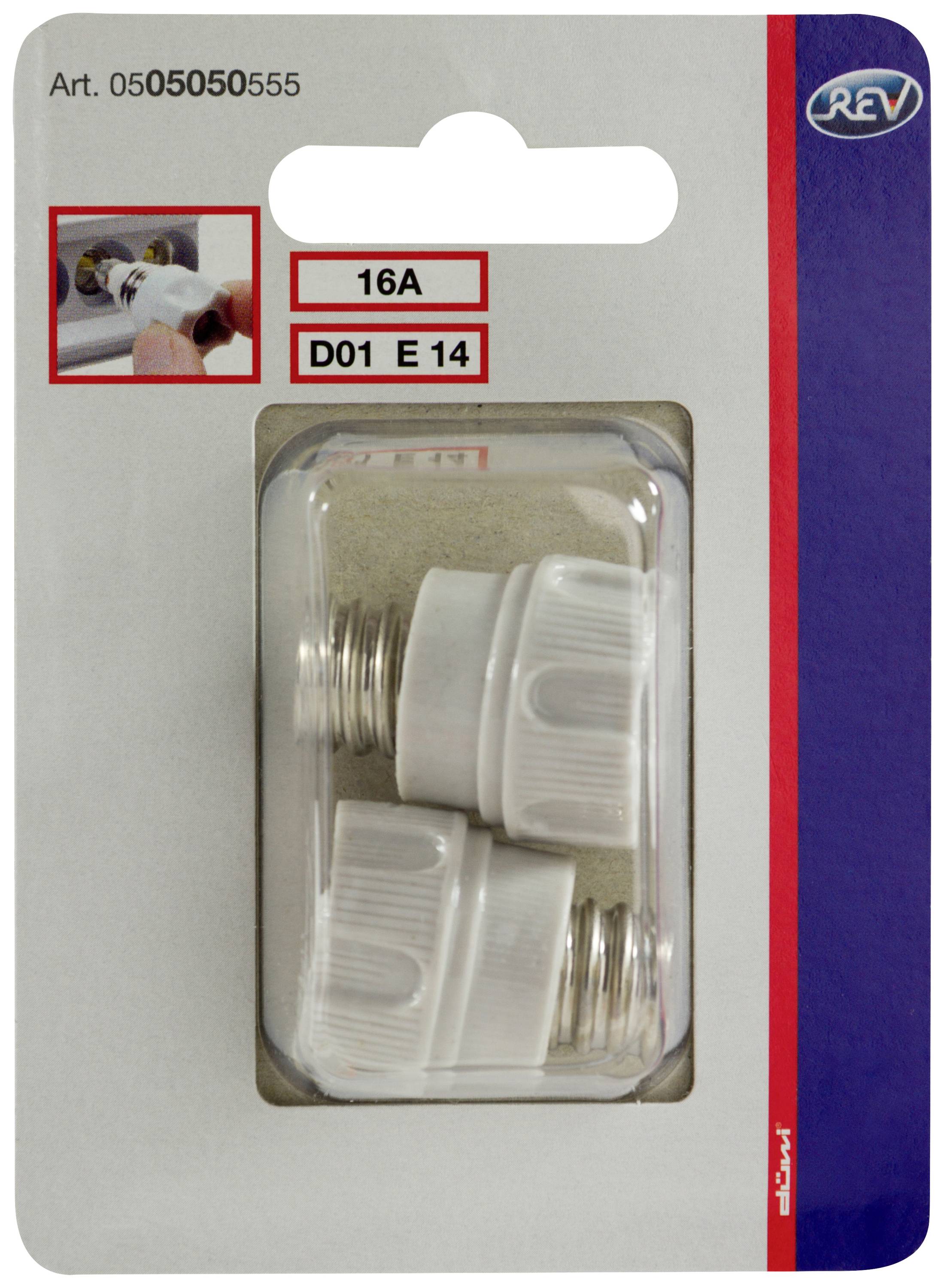 Dwie białe ceramiczne bezpieczniki, 16A, typ D01 E14, w opakowaniu blistrowym.