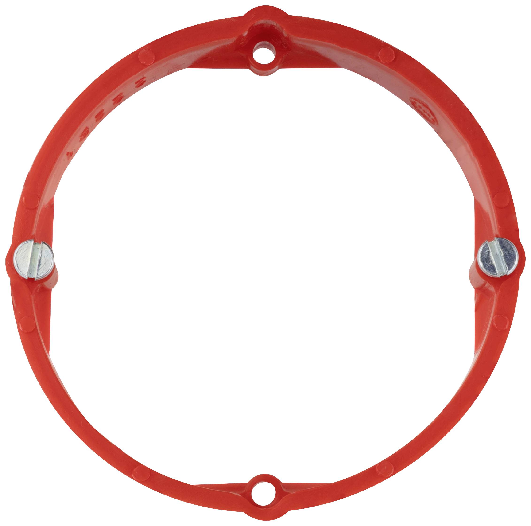 Czerwona, okrągła rama z tworzywa sztucznego z trzema otworami i dwiema metalowymi tarczami obrotowymi służy jako element mocujący.