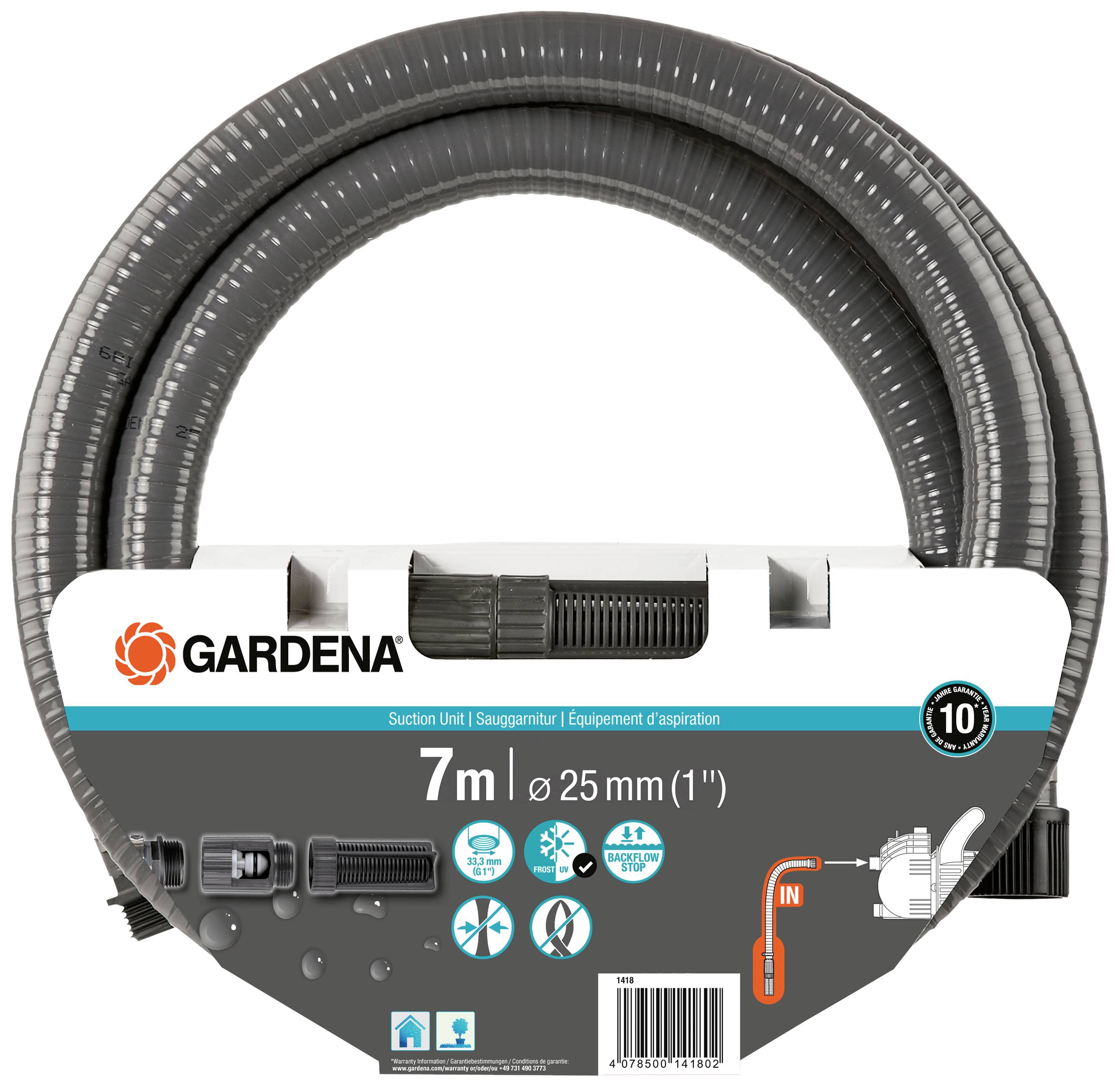Wąż ssący GARDENA, 7 m, średnica 25 mm. Opakowanie z logotypami i symbolami ułatwiającymi użytkowanie i zapewniającymi długotrwałość.