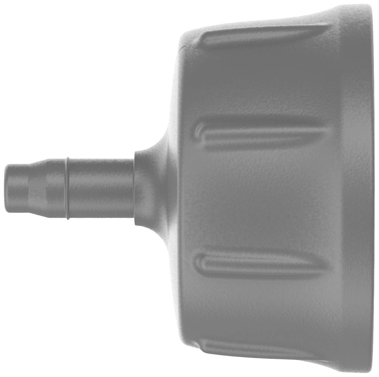 Szara nakrętka gwintowana z krótkim przyłączem przewodu. Posiada kilka żebrowanych obszarów dla lepszego uchwytu.