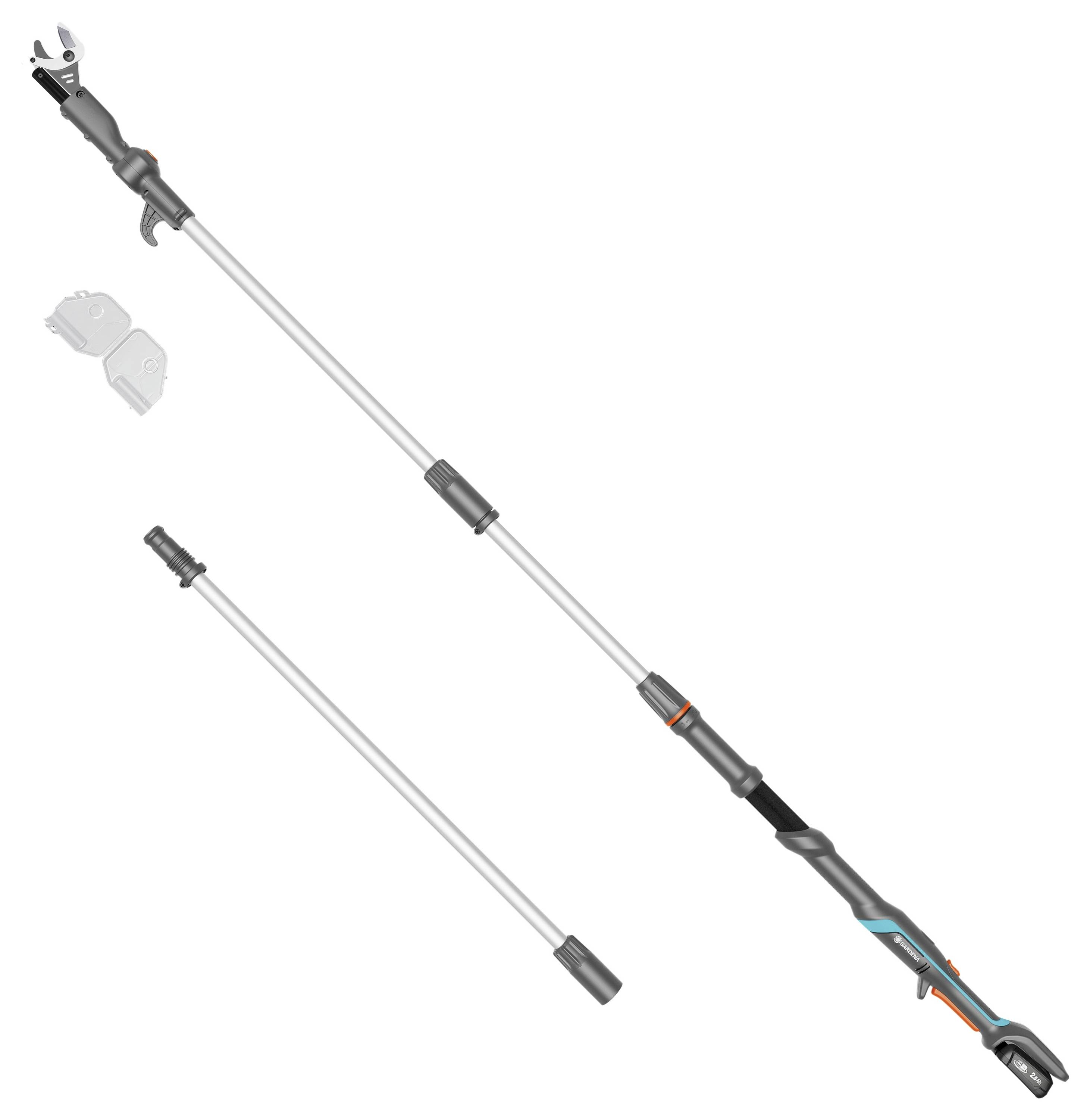 Rozszerzalne narzędzie do przycinania ogrodowego z teleskopową rączką i ostrzem tnącym, zaprojektowane do dosięgania wysokich gałęzi. Zawiera części zamienne.