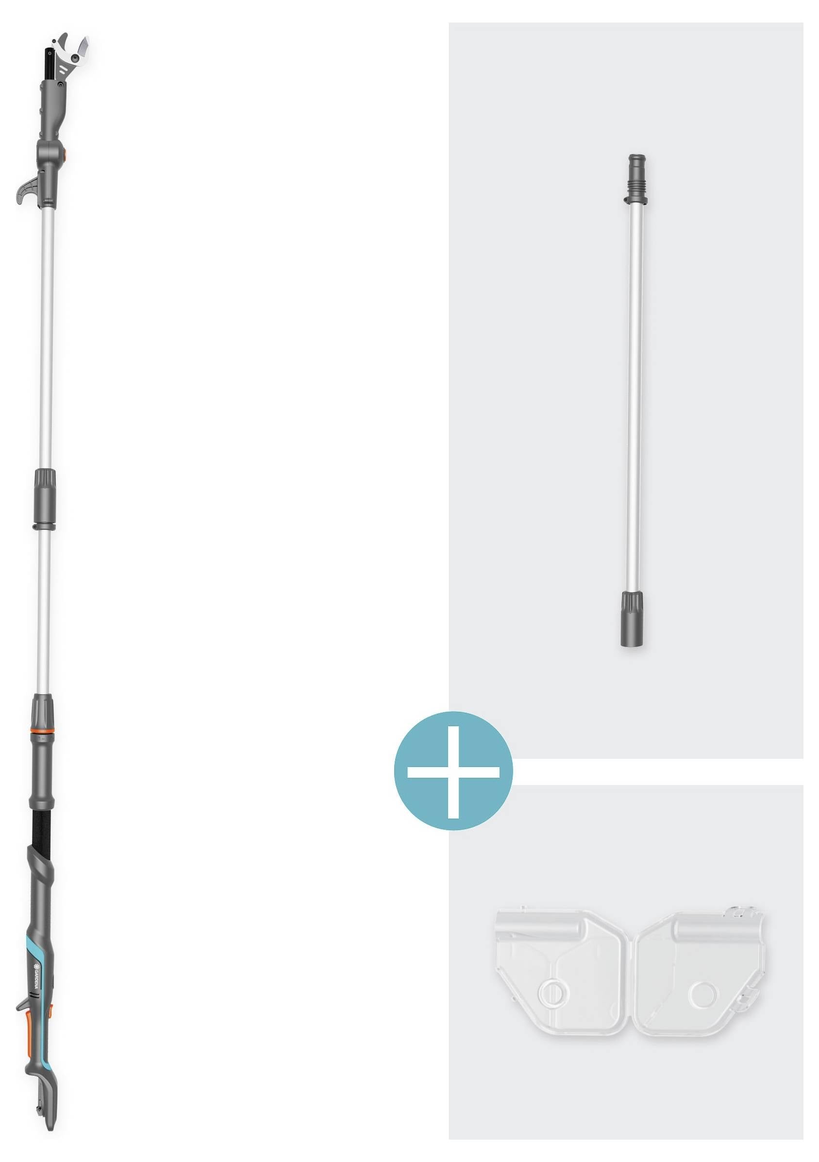 'Rozciągliwa nożyce ogrodnicze z długą rączką, dodatkową tulejką przedłużającą i dołączonym pokrowcem ochronnym.'