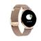 Elegancki złoty smartwatch wyświetla aplikację wiadomości z napisem '0 wiadomości' na czarnej tarczy zegarka.