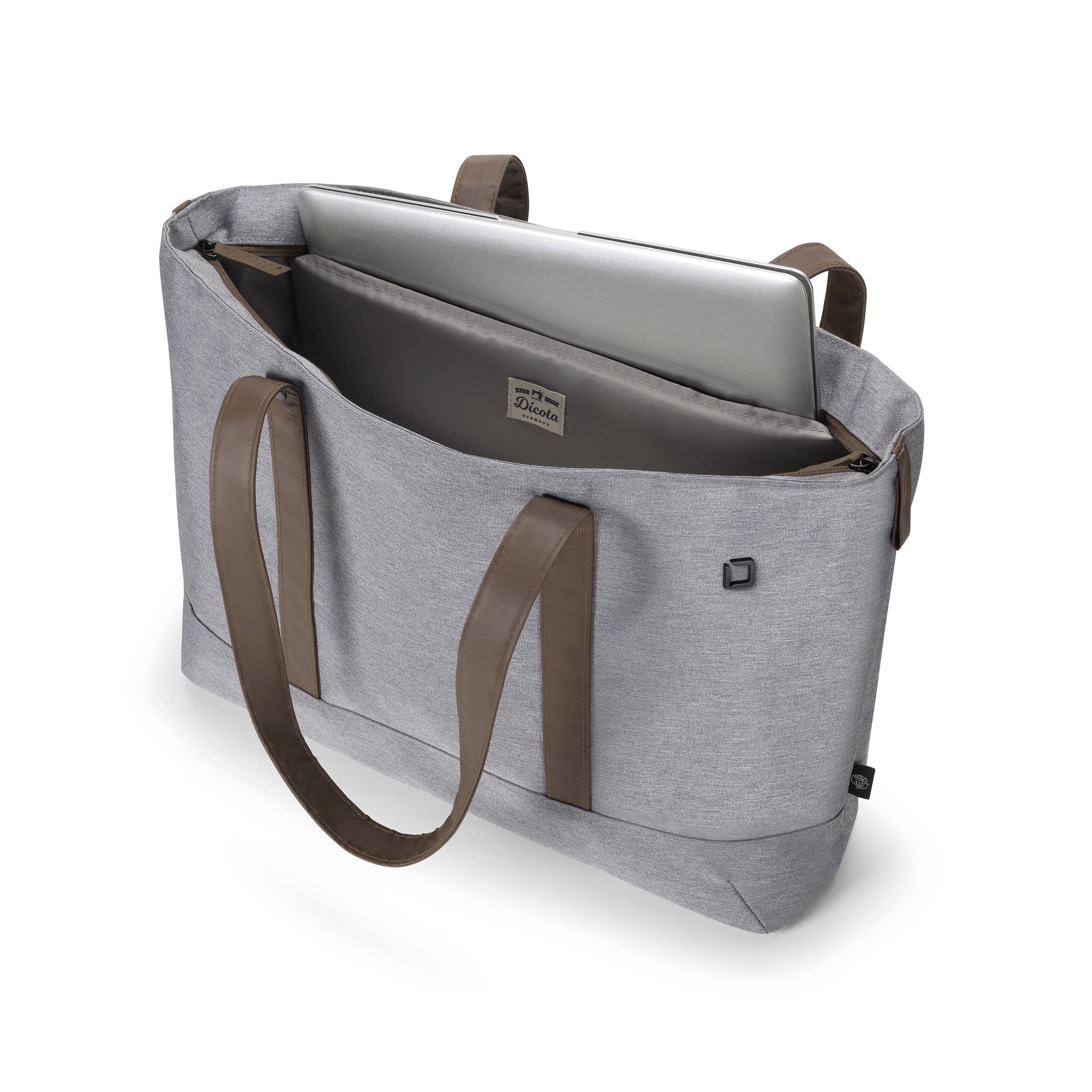 Szara torba na laptopa z brązowymi uchwytami, prezentująca notebook w głównej komorze. Struktura torby wskazuje na obecność kilku przegródek.