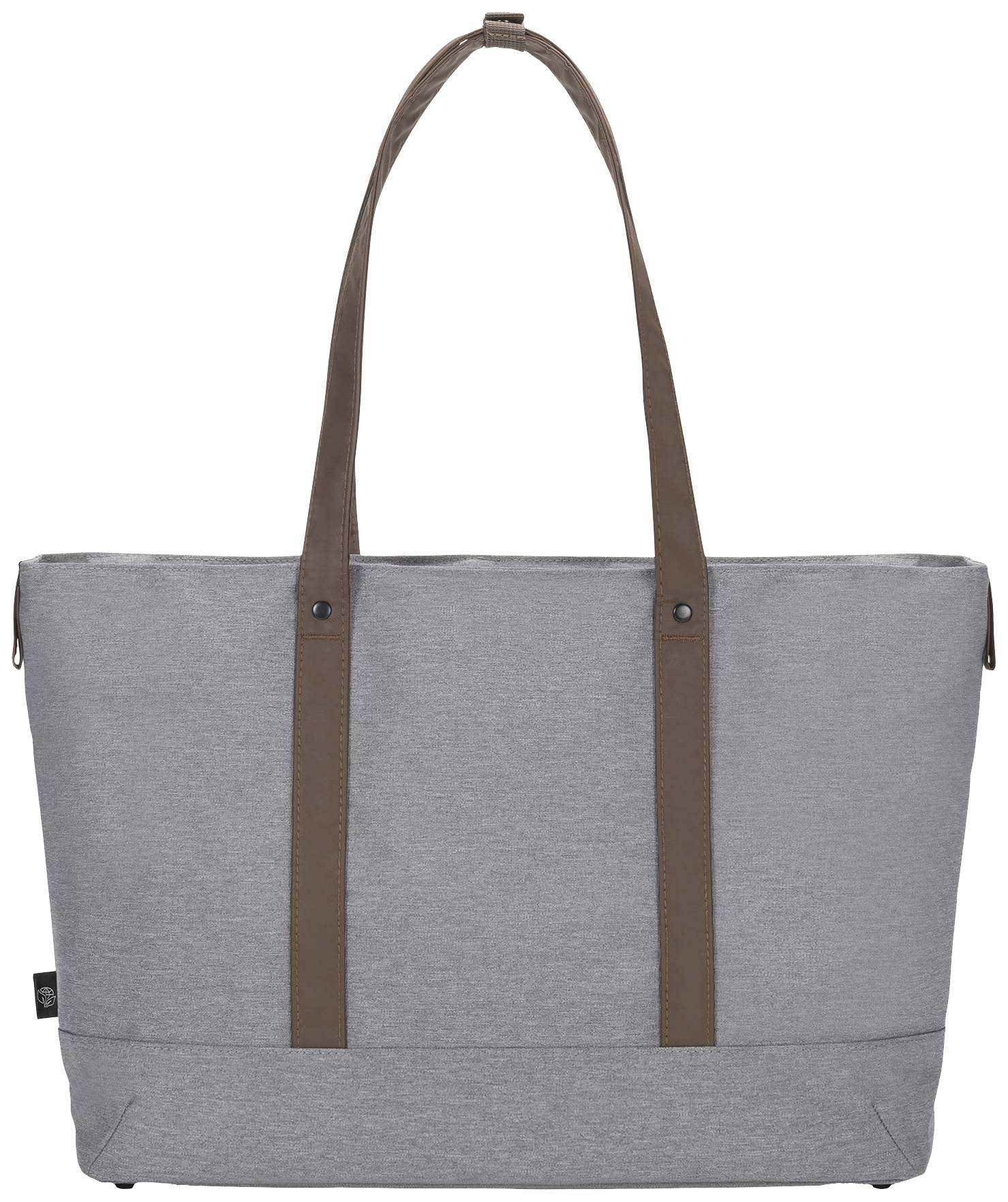 Szara torba z brązowymi uchwytami, odpowiednia do codziennego użytku lub zakupów.