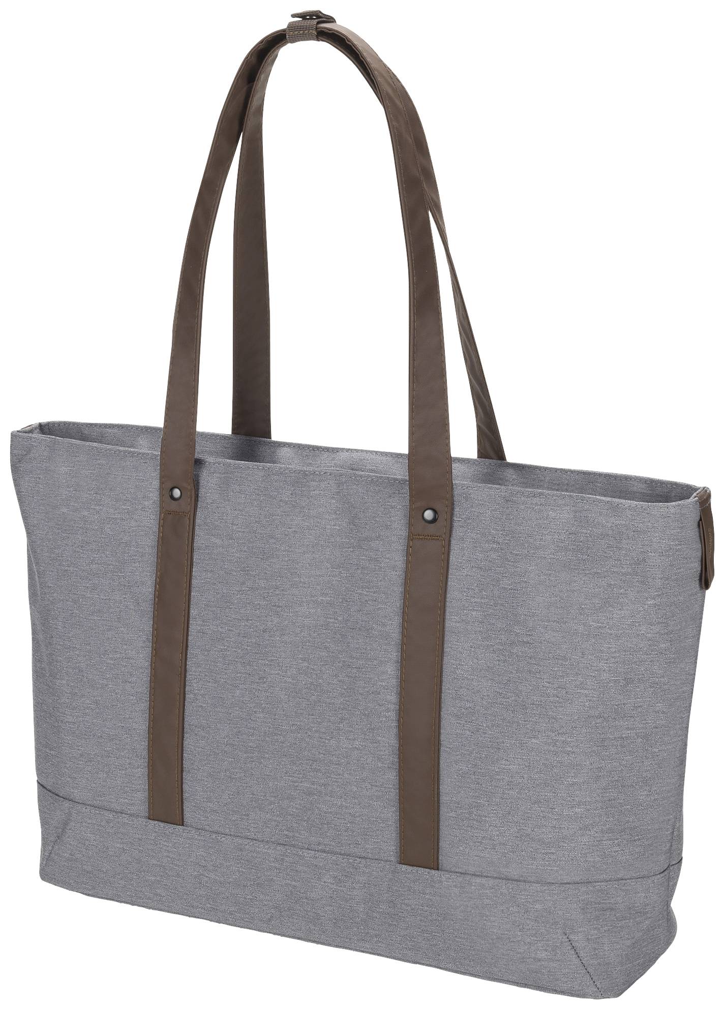 Duża szara torba z długimi brązowymi uchwytami, odpowiednia do zakupów lub codziennego użytku.