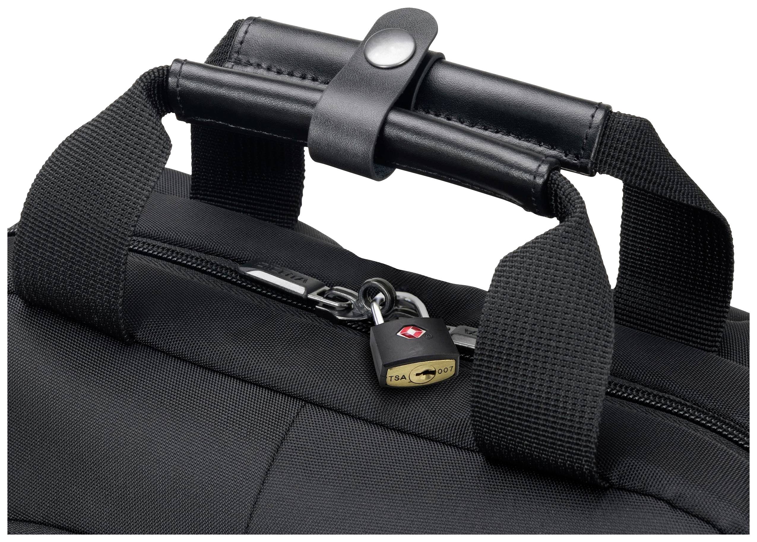 Czarna torba z bezpiecznym zamkiem błyskawicznym, do którego przymocowana jest kłódka zatwierdzona przez TSA.